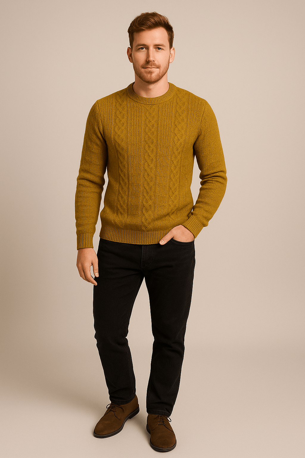 Men's Wool Blend Cable-Knit Crew Neck Sweater - Classic Casual Style for Everyday Wear