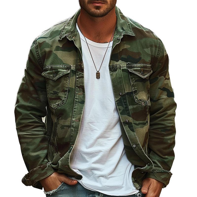 Men's Camouflage Canvas Lapel Jacket | Retro Style for Casual Wear