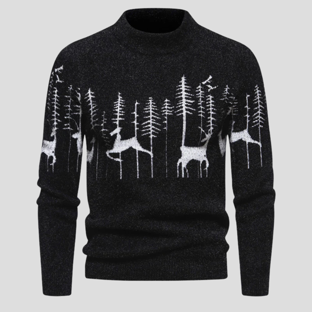 Men's Knit Christmas Sweater - Reindeer Forest Design - Cozy Pullover for Holiday Parties and Festive Events