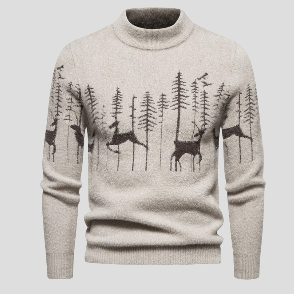 Men's Knit Christmas Sweater - Reindeer Forest Design - Cozy Pullover for Holiday Parties and Festive Events