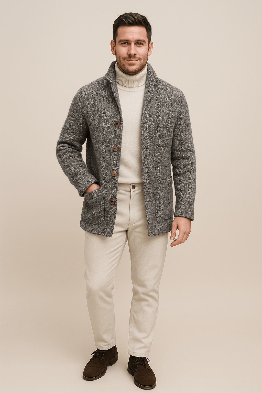 Men's Chunky Knit Cardigan - Stand-Up Collar, Button Closure - Casual Sweater for Everyday Wear and Comfort