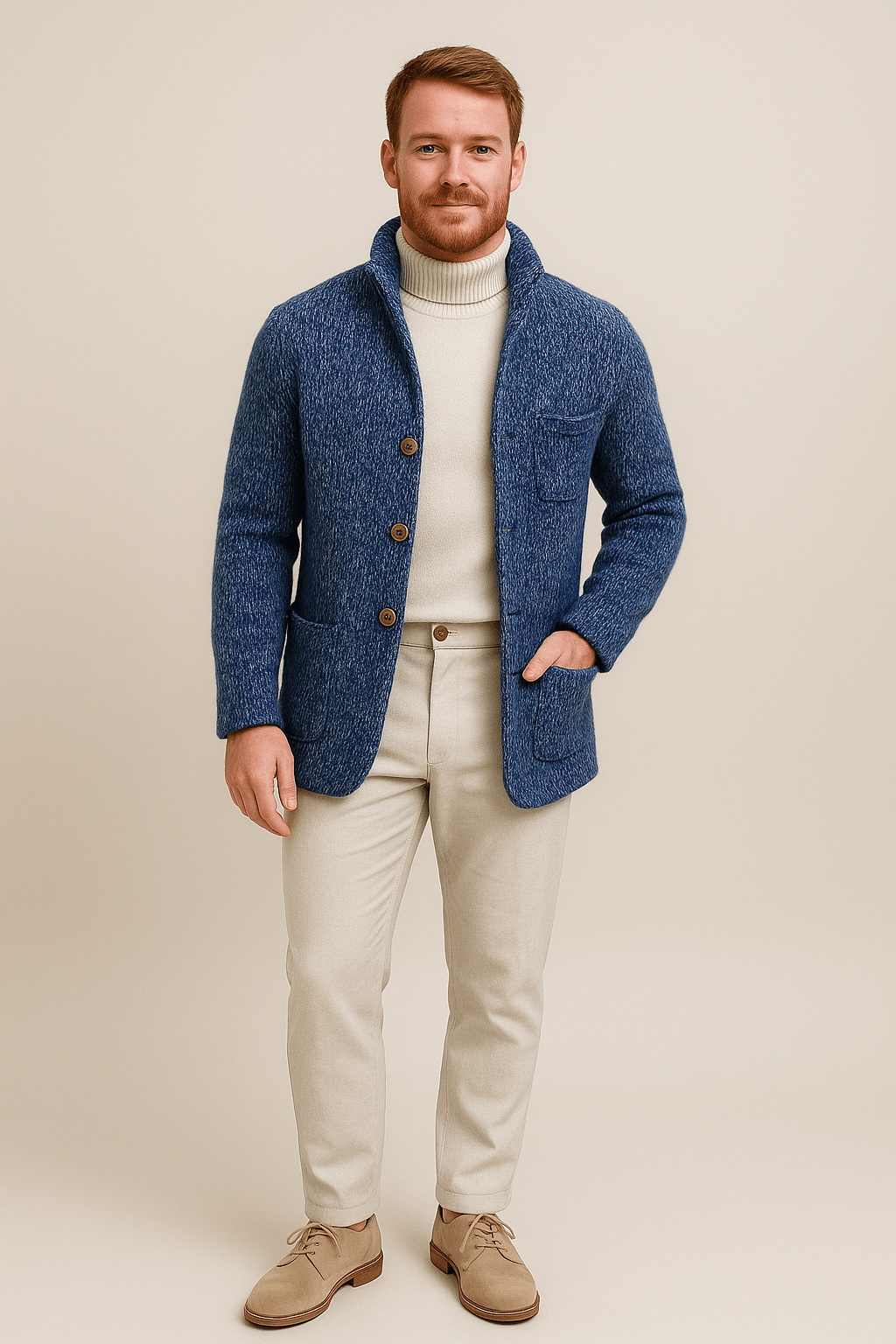 Men's Chunky Knit Cardigan - Stand-Up Collar, Button Closure - Casual Sweater for Everyday Wear and Comfort