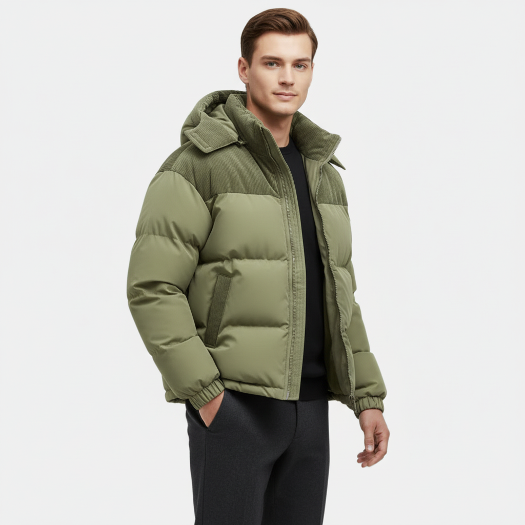 Men's Puffer Jacket with Corduroy Trim and Detachable Hood for Casual and Outdoor Activities