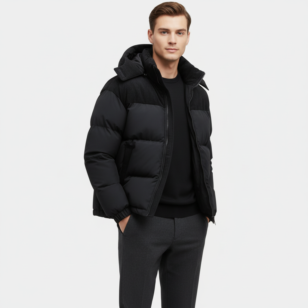 Men's Puffer Jacket with Corduroy Trim and Detachable Hood for Casual and Outdoor Activities