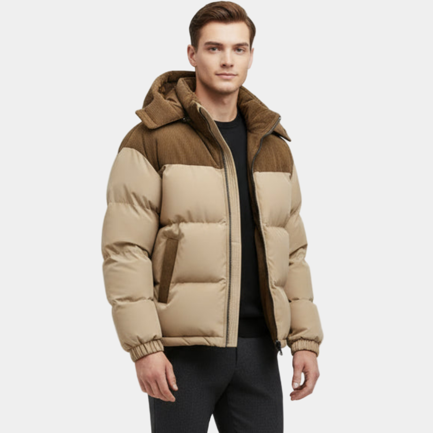 Men's Puffer Jacket with Corduroy Trim and Detachable Hood for Casual and Outdoor Activities