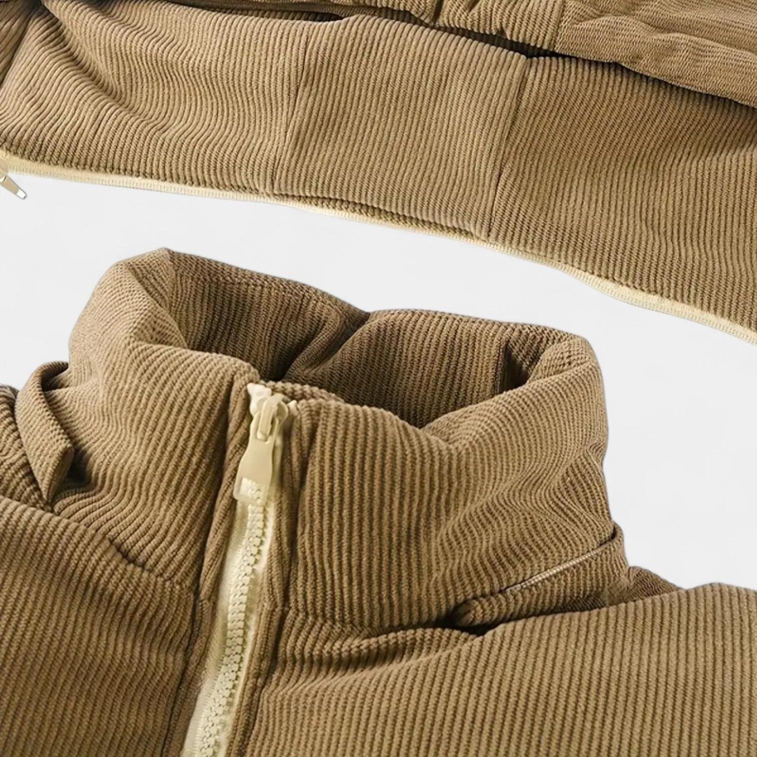 Men's Puffer Jacket with Corduroy Trim and Detachable Hood for Casual and Outdoor Activities