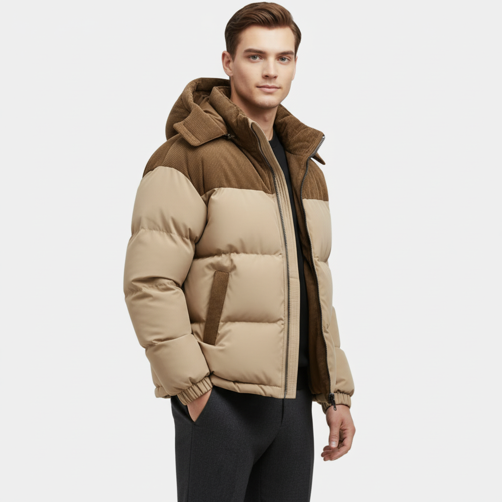 Men's Puffer Jacket with Corduroy Trim and Detachable Hood for Casual and Outdoor Activities