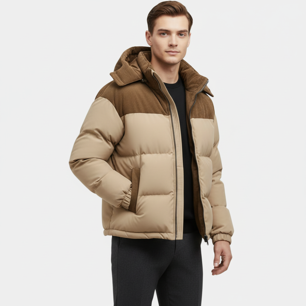 Men's Puffer Jacket with Corduroy Trim and Detachable Hood for Casual and Outdoor Activities