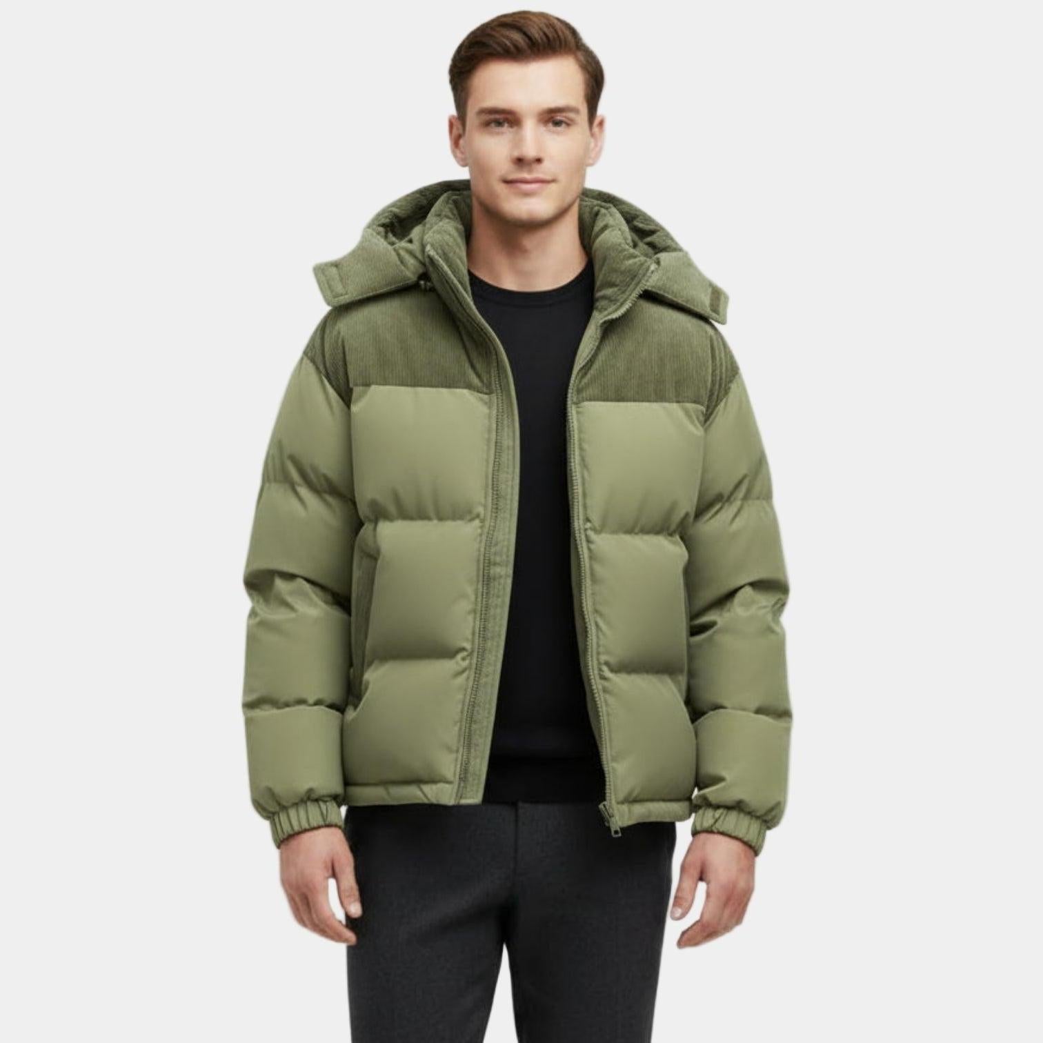 Men's Puffer Jacket with Corduroy Trim and Detachable Hood for Casual and Outdoor Activities