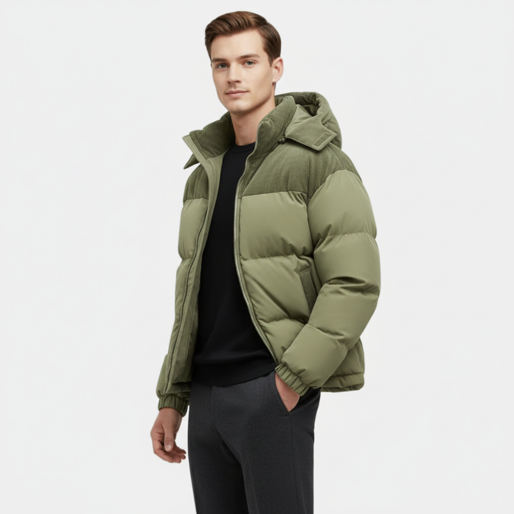 Men's Puffer Jacket with Corduroy Trim and Detachable Hood for Casual and Outdoor Activities