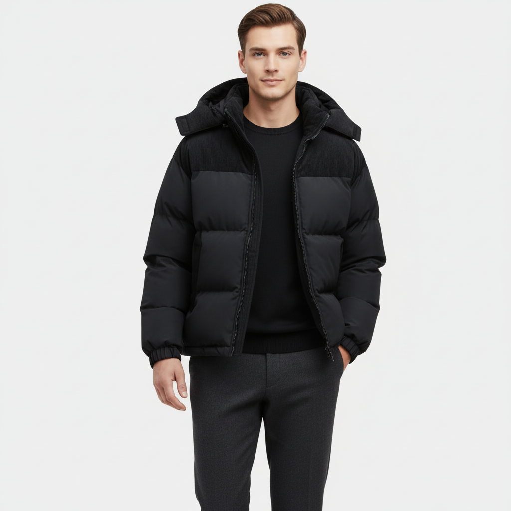 Men's Puffer Jacket with Corduroy Trim and Detachable Hood for Casual and Outdoor Activities