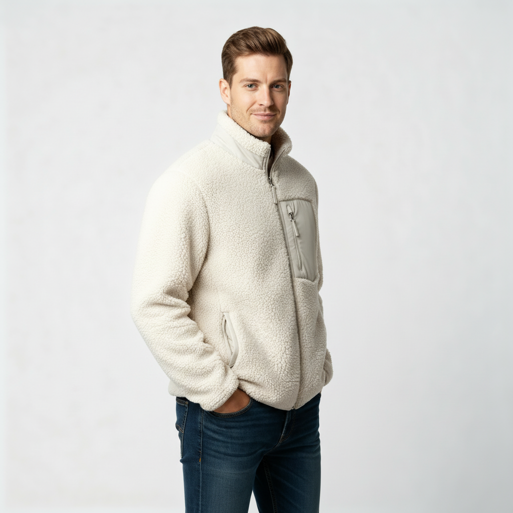 Men's Full-Zip Fleece Jacket - Warm Polyester - Casual Style - Ideal for Outdoor Activities and Everyday Wear