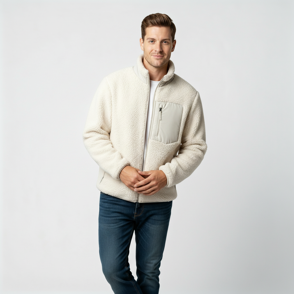 Men's Full-Zip Fleece Jacket - Warm Polyester - Casual Style - Ideal for Outdoor Activities and Everyday Wear