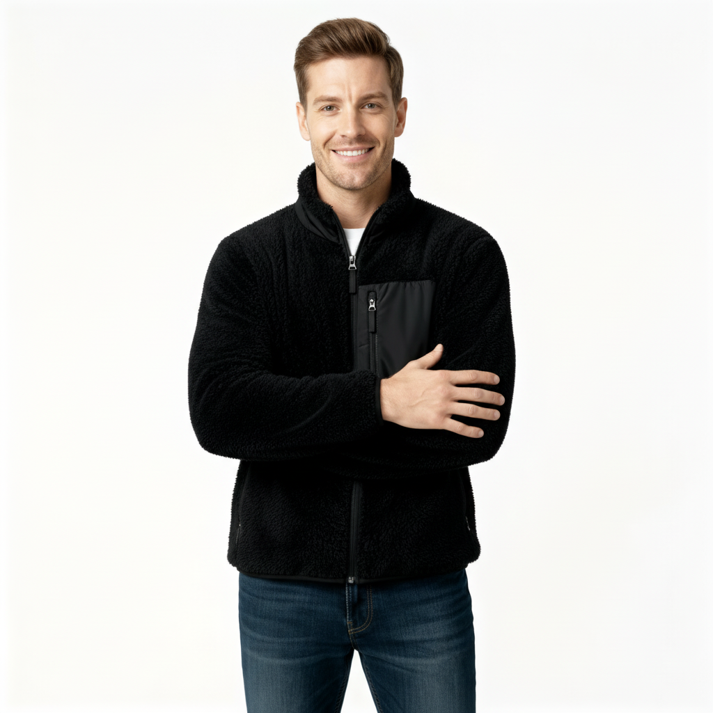 Men's Full-Zip Fleece Jacket - Warm Polyester - Casual Style - Ideal for Outdoor Activities and Everyday Wear