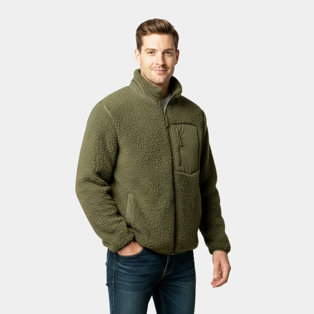 Men's Full-Zip Fleece Jacket - Warm Polyester - Casual Style - Ideal for Outdoor Activities and Everyday Wear