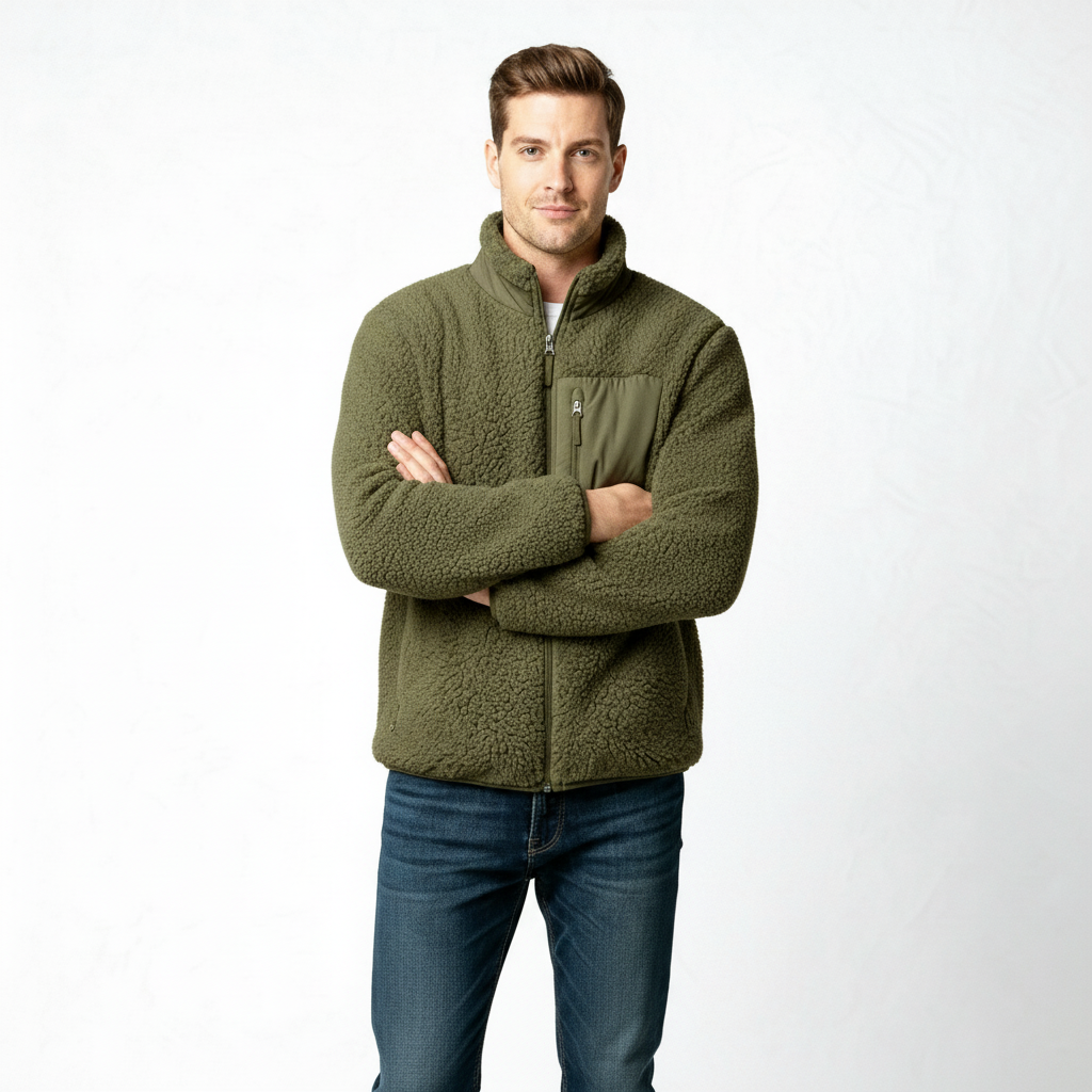 Men's Full-Zip Fleece Jacket - Warm Polyester - Casual Style - Ideal for Outdoor Activities and Everyday Wear