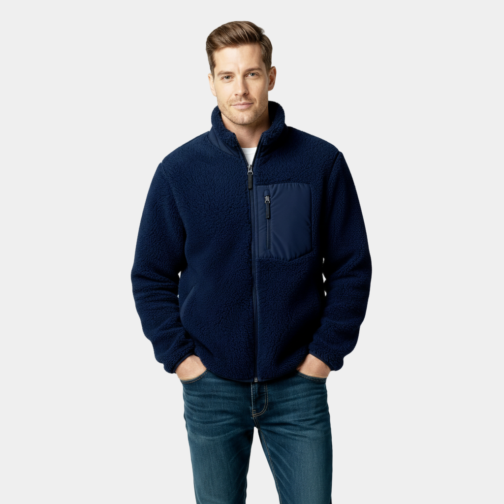 Men's Full-Zip Fleece Jacket - Warm Polyester - Casual Style - Ideal for Outdoor Activities and Everyday Wear