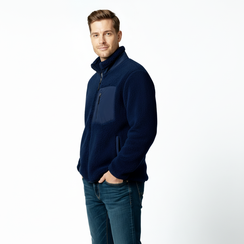 Men's Full-Zip Fleece Jacket - Warm Polyester - Casual Style - Ideal for Outdoor Activities and Everyday Wear