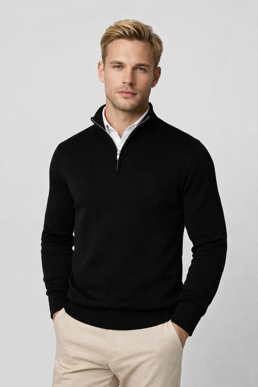 Men's Half Zip Sweater - Soft Knit Fabric - High Neck Design - Casual Layering for Cool Weather