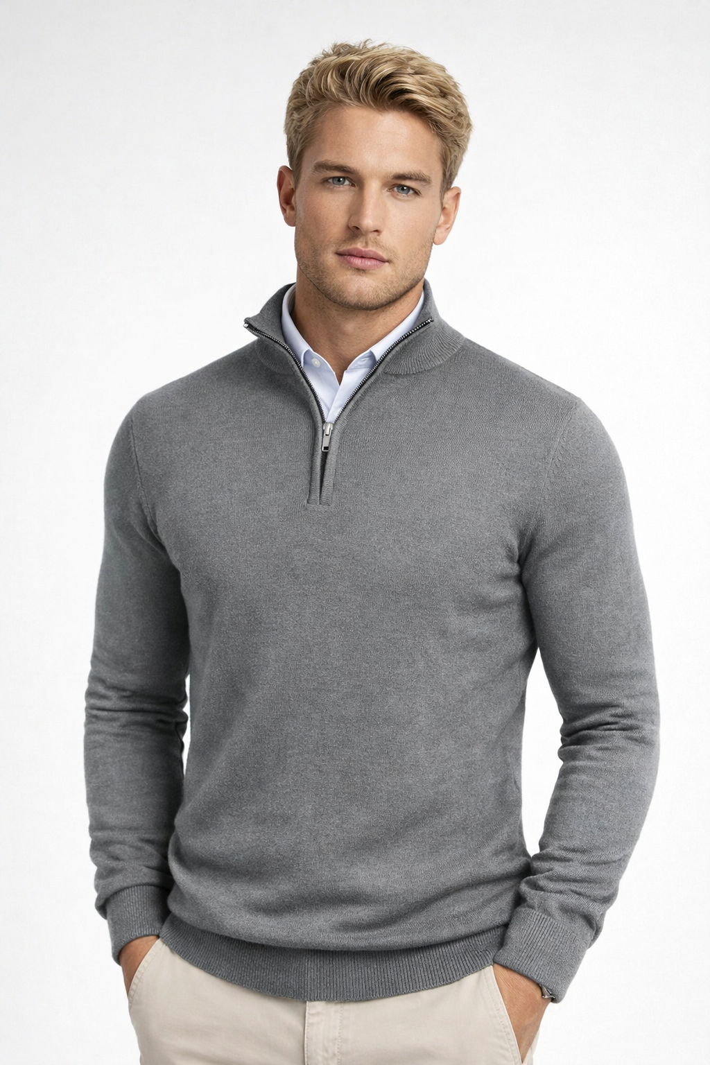 Men's Half Zip Sweater - Soft Knit Fabric - High Neck Design - Casual Layering for Cool Weather