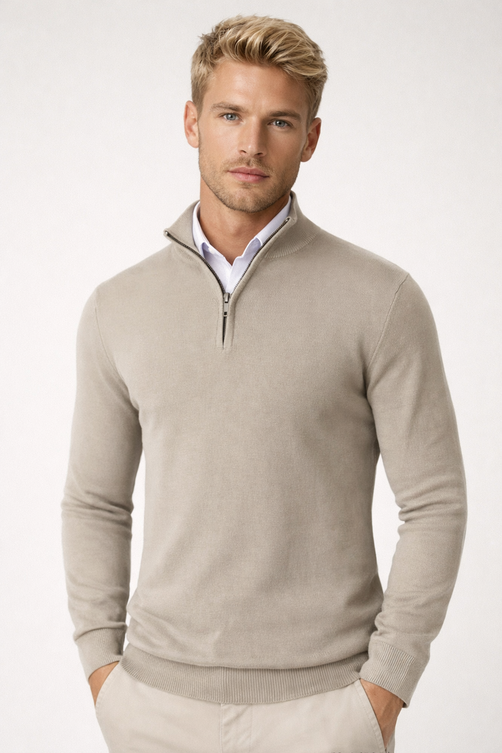 Men's Half Zip Sweater - Soft Knit Fabric - High Neck Design - Casual Layering for Cool Weather