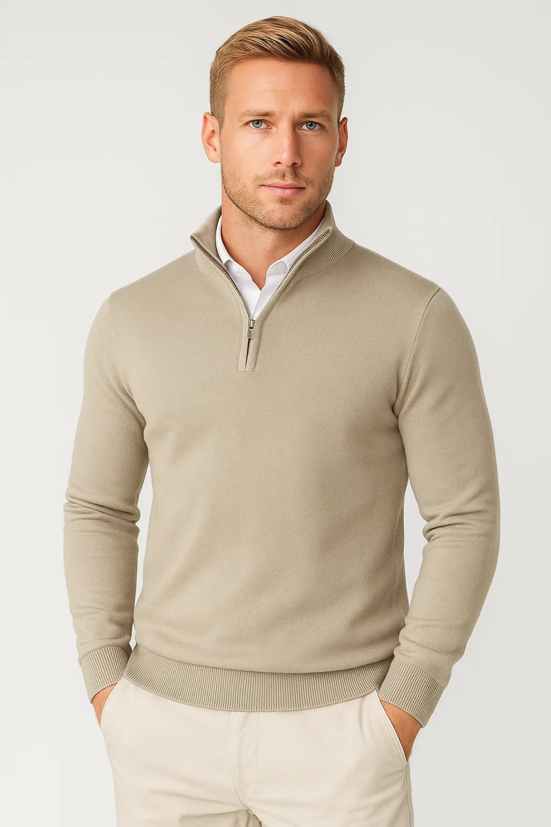 Men's Half Zip Sweater - Soft Knit Fabric - High Neck Design - Casual Layering for Cool Weather