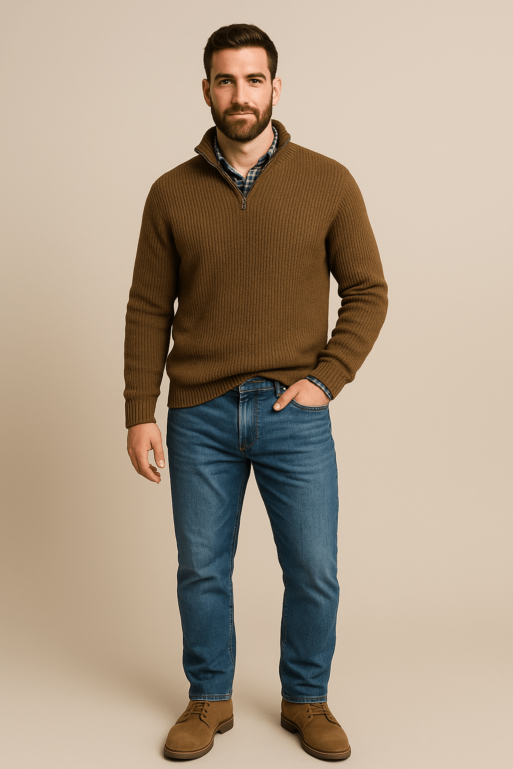 Men's Half-Zip Ribbed Knit Sweater - Warm High Collar Knitwear for Casual and Outdoor Use
