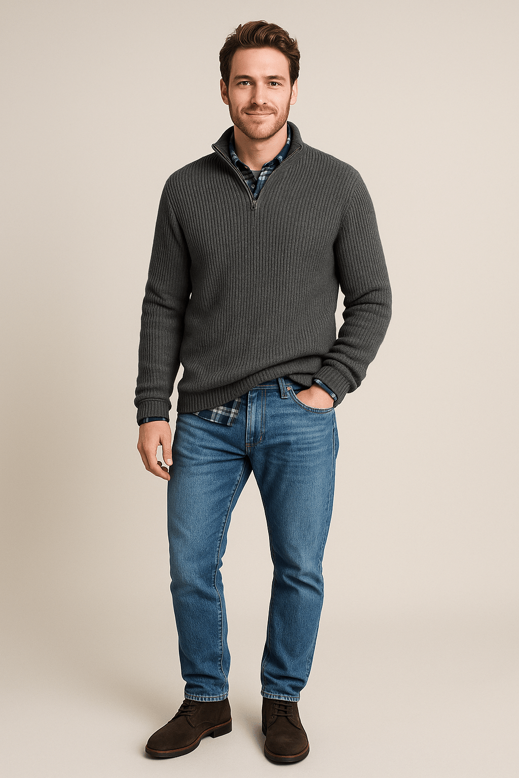 Men's Half-Zip Ribbed Knit Sweater - Warm High Collar Knitwear for Casual and Outdoor Use