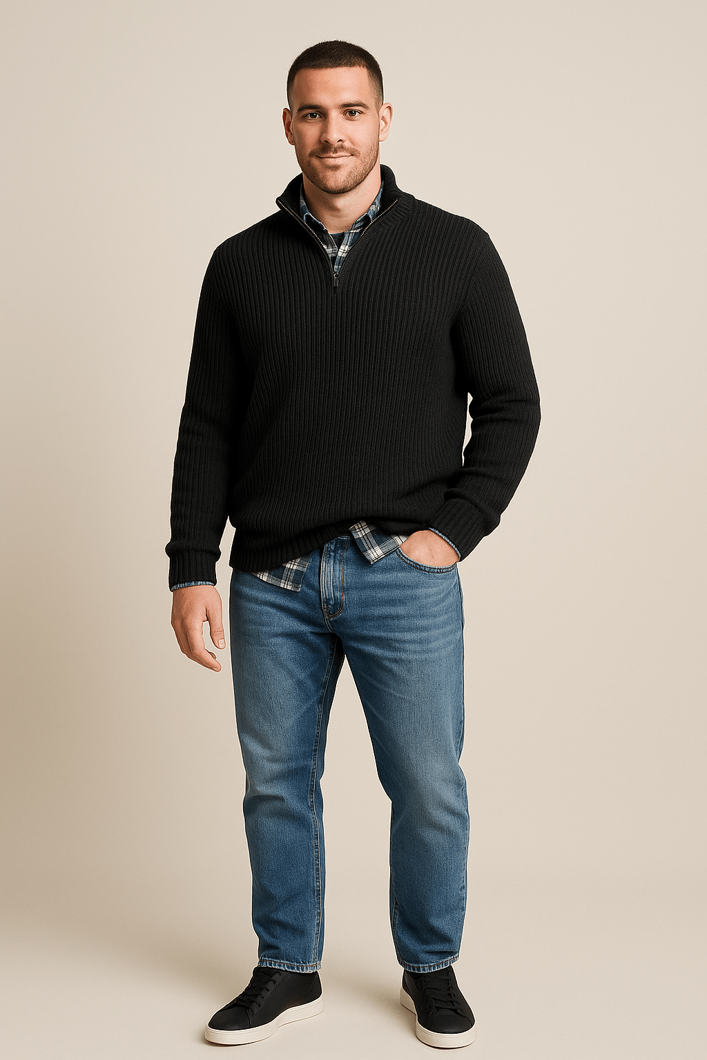 Men's Half-Zip Ribbed Knit Sweater - Warm High Collar Knitwear for Casual and Outdoor Use