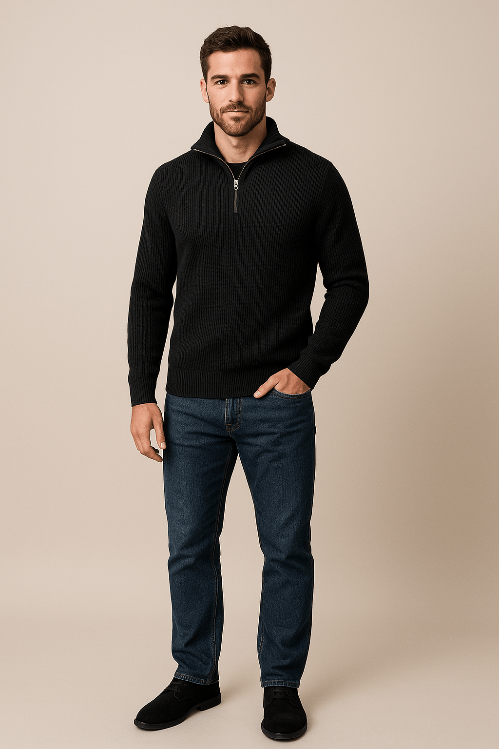 Men's Half-Zip Knit Sweater in Comfortable Fabric with High Collar for Casual Wear