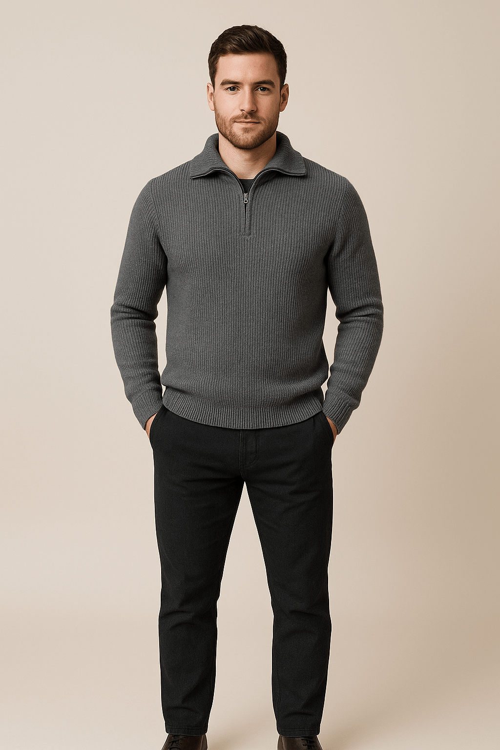 Men's Half-Zip Knit Sweater in Comfortable Fabric with High Collar for Casual Wear