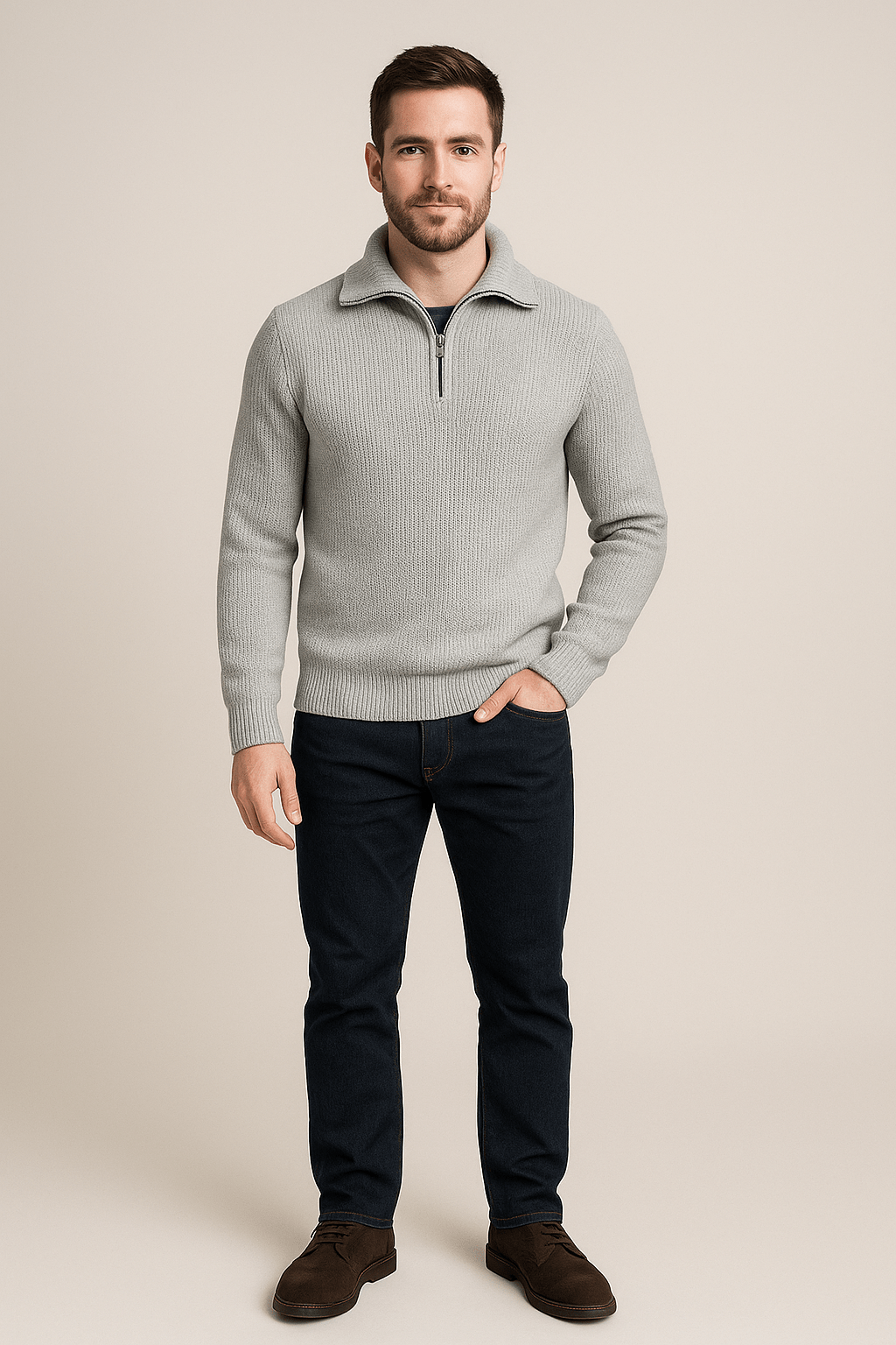 Men's Half-Zip Knit Sweater in Comfortable Fabric with High Collar for Casual Wear