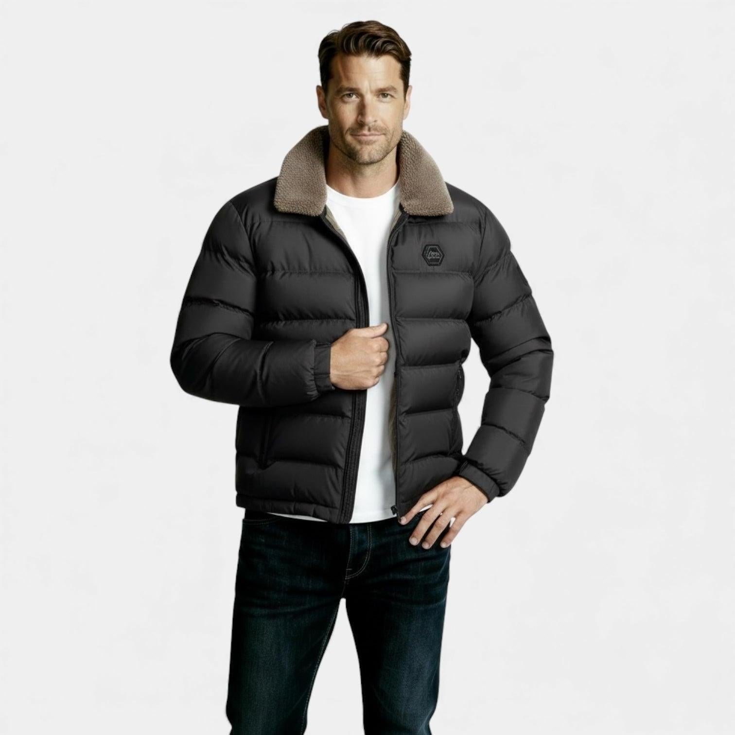 Men's Insulated Puffer Jacket with Sherpa Collar - Warm Winter Outerwear for Cold Weather Activities and Outdoor Use