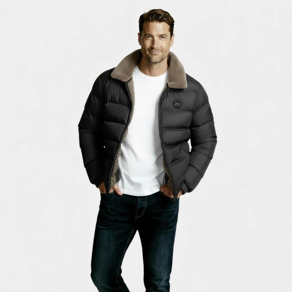 Men's Insulated Puffer Jacket with Sherpa Collar - Warm Winter Outerwear for Cold Weather Activities and Outdoor Use