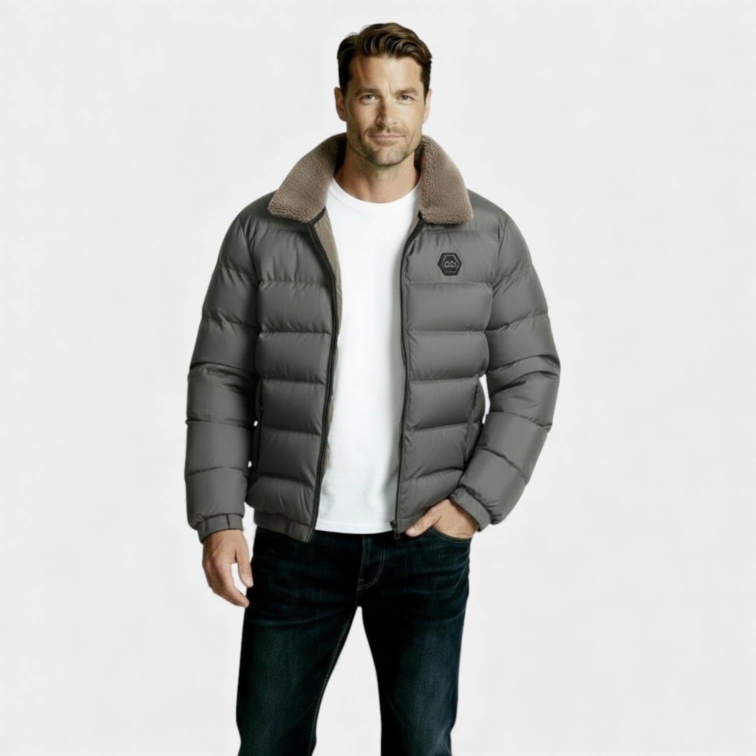 Men's Insulated Puffer Jacket with Sherpa Collar - Warm Winter Outerwear for Cold Weather Activities and Outdoor Use