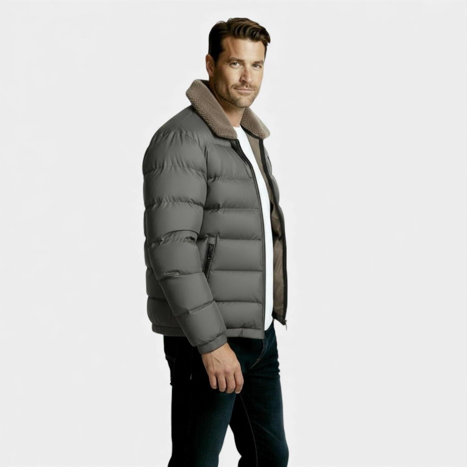 Men's Insulated Puffer Jacket with Sherpa Collar - Warm Winter Outerwear for Cold Weather Activities and Outdoor Use