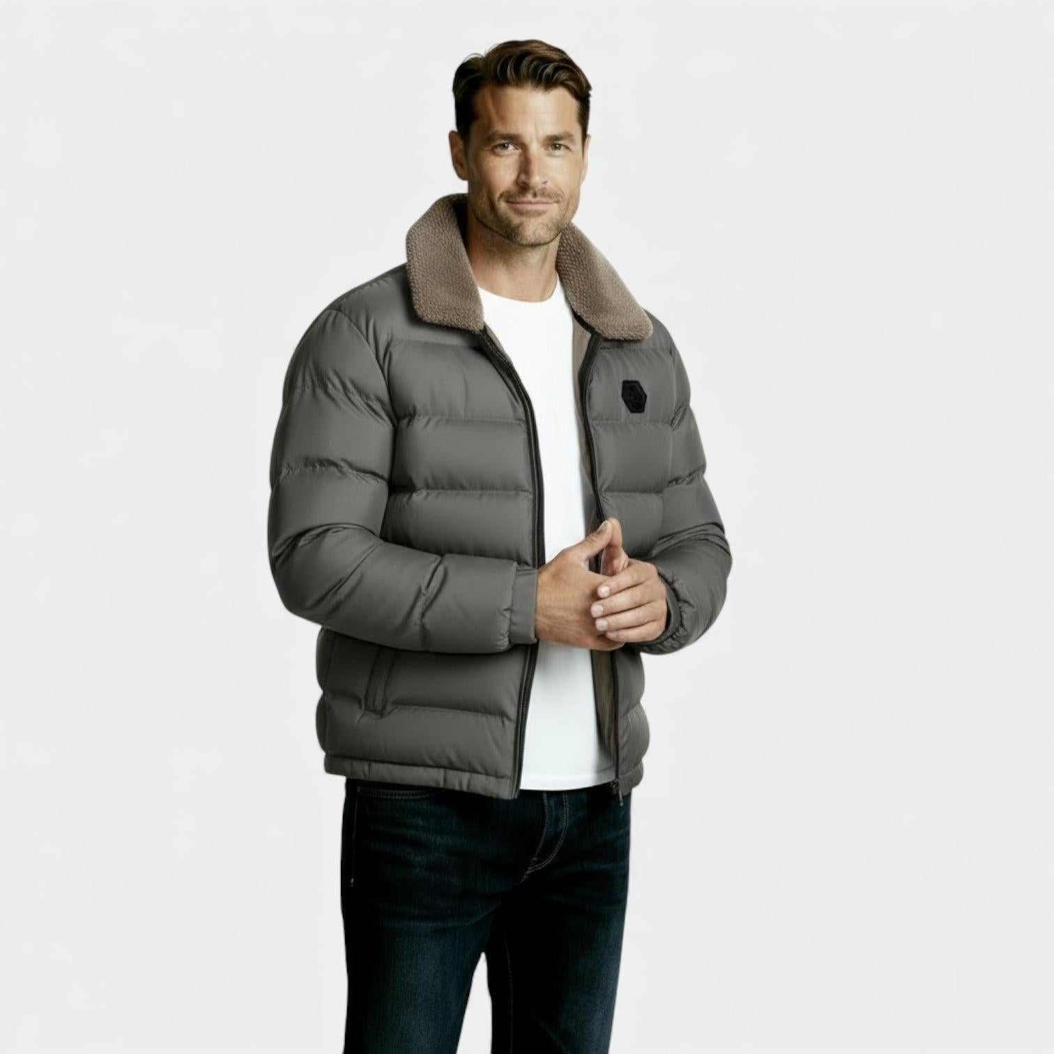 Men's Insulated Puffer Jacket with Sherpa Collar - Warm Winter Outerwear for Cold Weather Activities and Outdoor Use