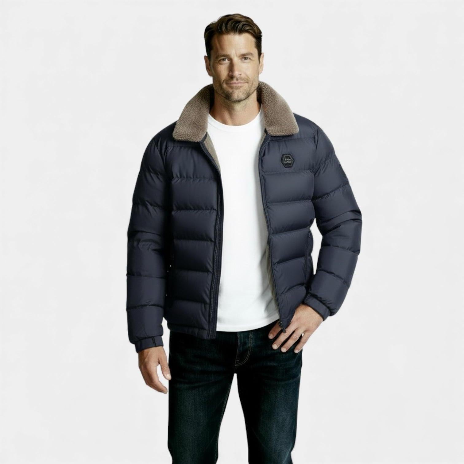 Men's Insulated Puffer Jacket with Sherpa Collar - Warm Winter Outerwear for Cold Weather Activities and Outdoor Use