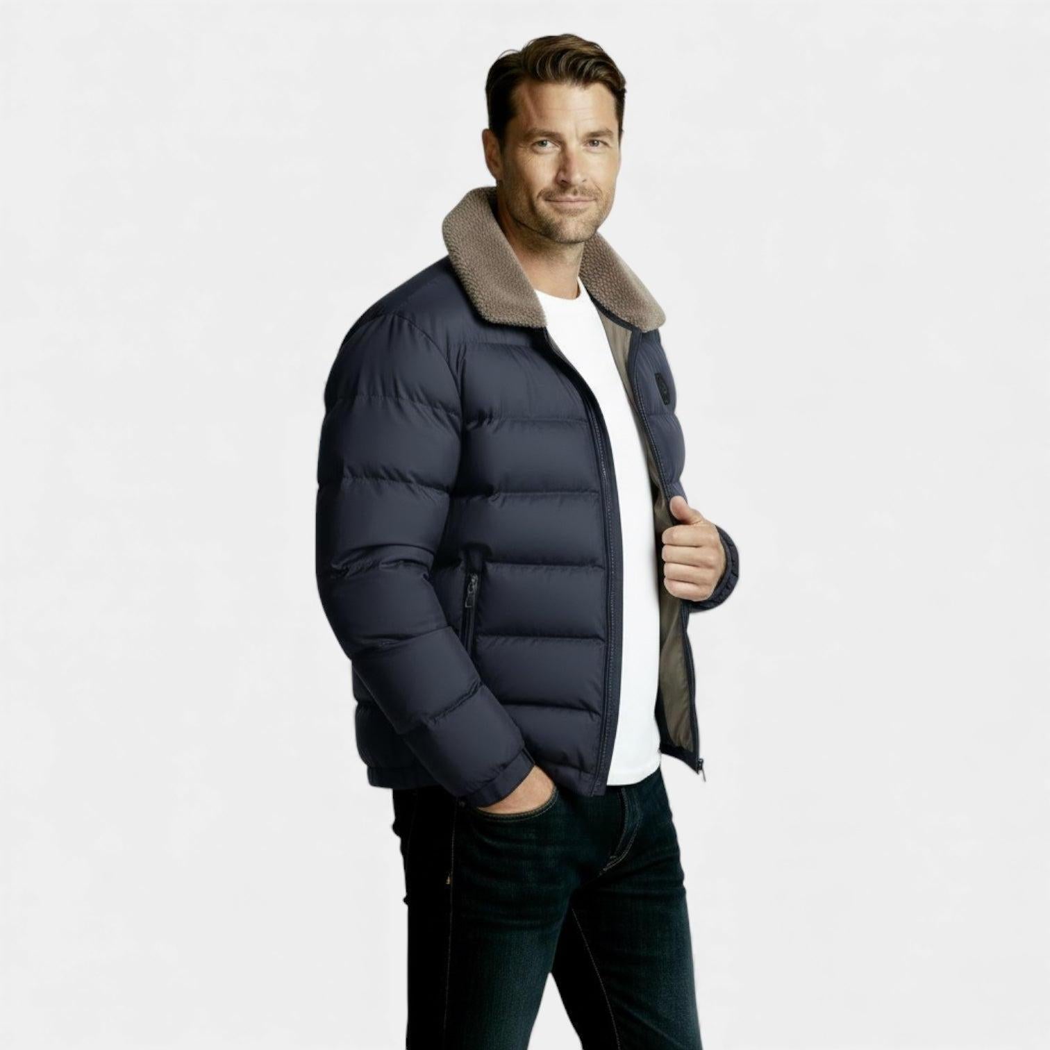 Men's Insulated Puffer Jacket with Sherpa Collar - Warm Winter Outerwear for Cold Weather Activities and Outdoor Use