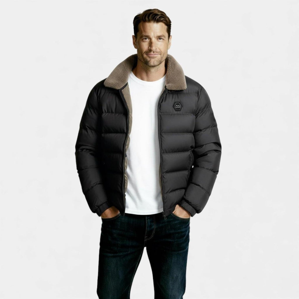 Men's Insulated Puffer Jacket with Sherpa Collar - Warm Winter Outerwear for Cold Weather Activities and Outdoor Use