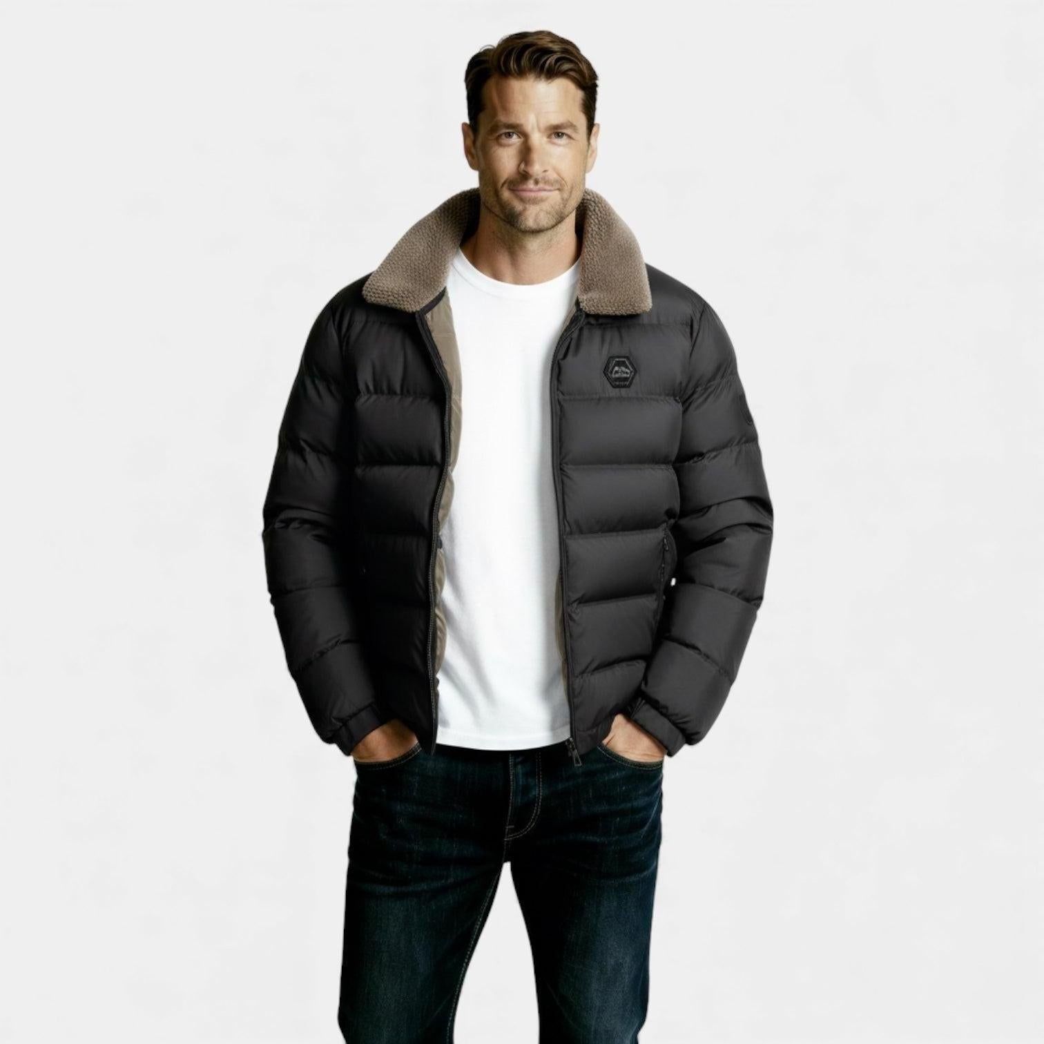 Men's Insulated Puffer Jacket with Sherpa Collar - Warm Winter Outerwear for Cold Weather Activities and Outdoor Use