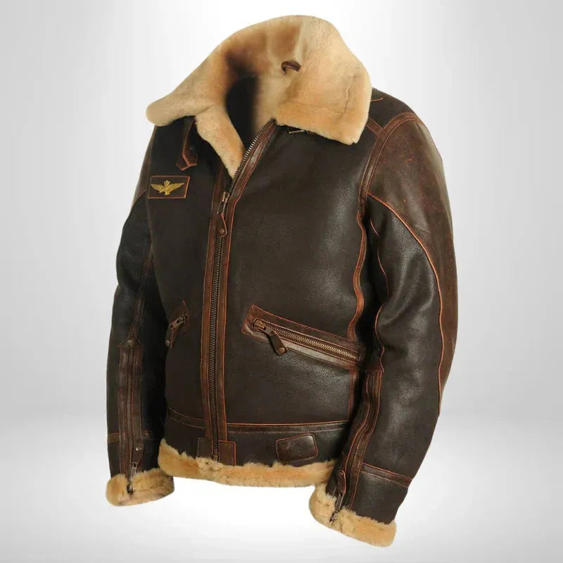 Men's Leather Aviator Jacket with Shearling Collar for Casual Wear