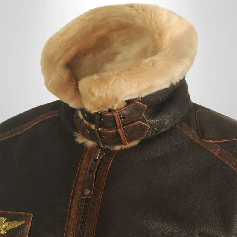 Men's Leather Aviator Jacket with Shearling Collar for Casual Wear