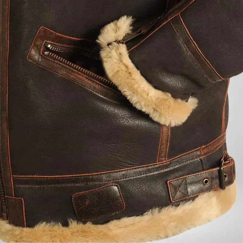 Men's Leather Aviator Jacket with Shearling Collar for Casual Wear