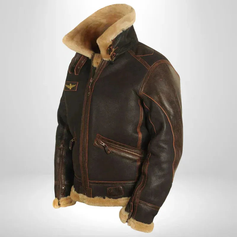Men's Leather Aviator Jacket with Shearling Collar for Casual Wear