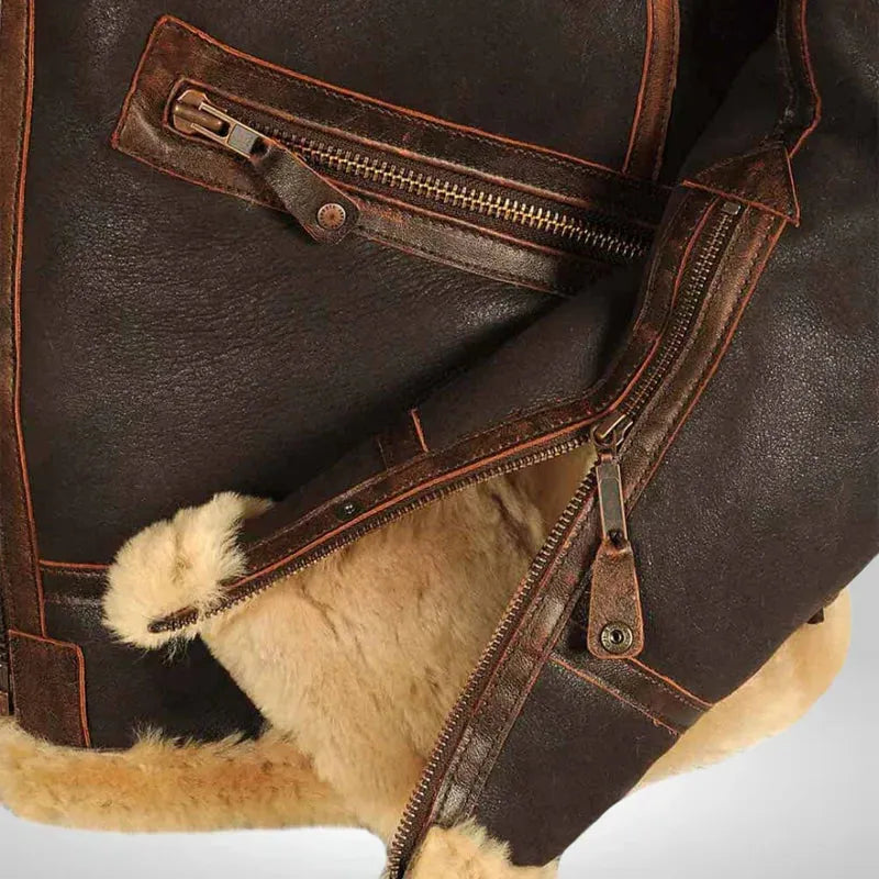 Men's Leather Aviator Jacket with Shearling Collar for Casual Wear