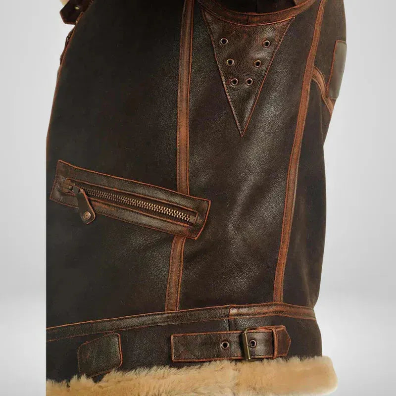 Men's Leather Aviator Jacket with Shearling Collar for Casual Wear