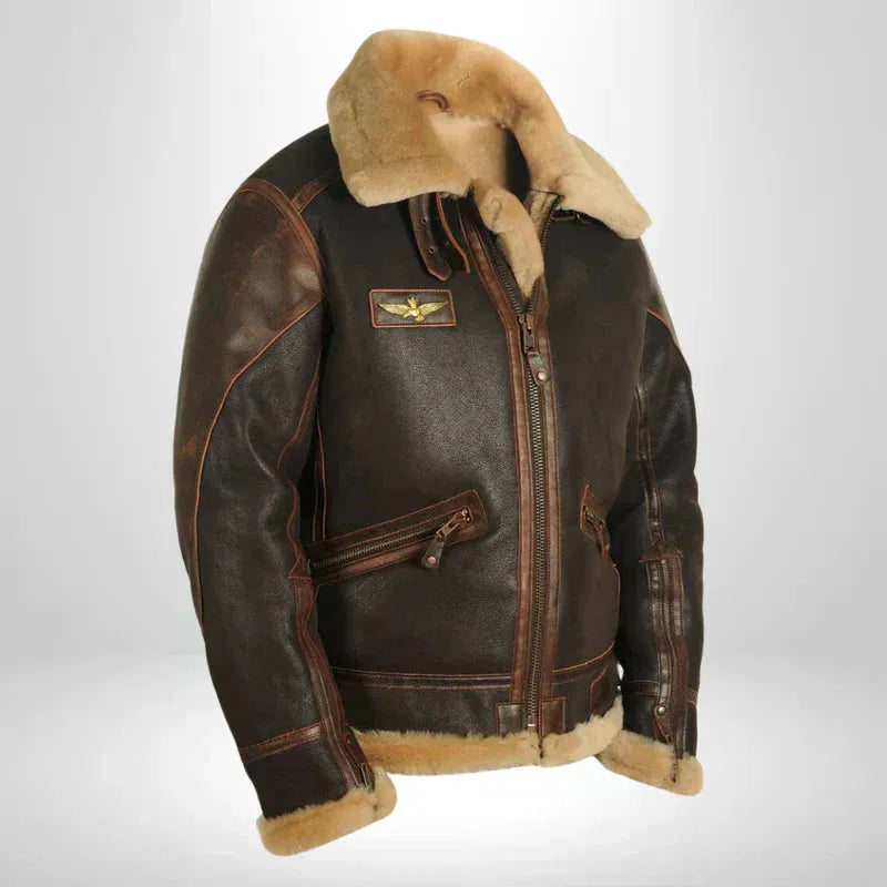 Men's Leather Aviator Jacket with Shearling Collar for Casual Wear