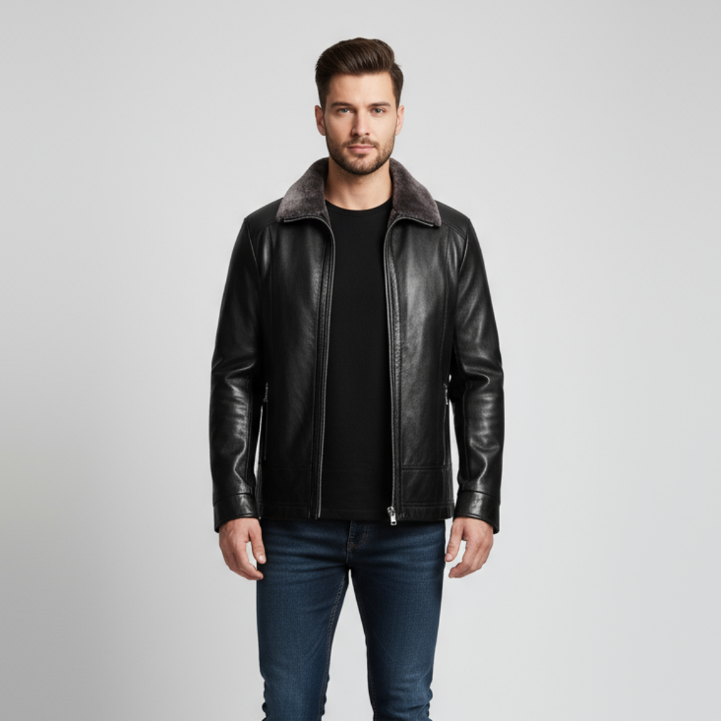 Men's Leather Biker Jacket with Fur Collar | Classic Motorcycle Outerwear for Riding and Casual Wear