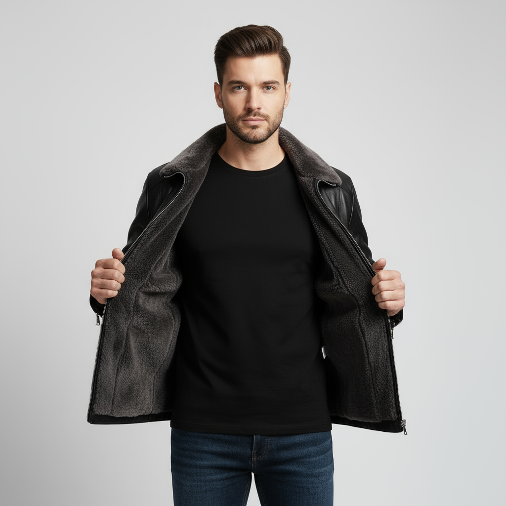 Men's Leather Biker Jacket with Fur Collar | Classic Motorcycle Outerwear for Riding and Casual Wear